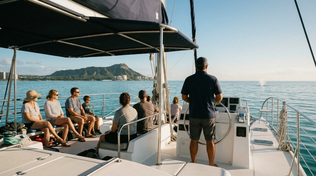 Passengers on the calm morning deck of a catamaran during Oahu whale watching season before the trade winds build