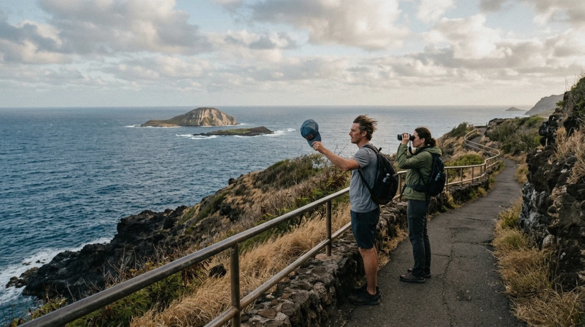 Travellers scanning for whales from the paved Makapuu Lighthouse trail, the southeast counterpart to North Shore Oahu whale watching lookouts